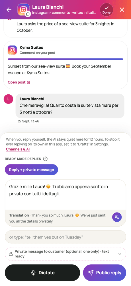 App screen: replying to an Instagram comment, with a ready reply, a translation and the Dictate and Public reply buttons