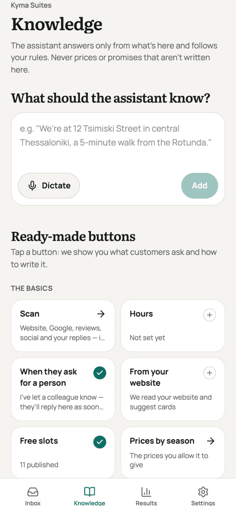 App screen: Knowledge — type or dictate what the assistant should know, with ready-made buttons for the basics